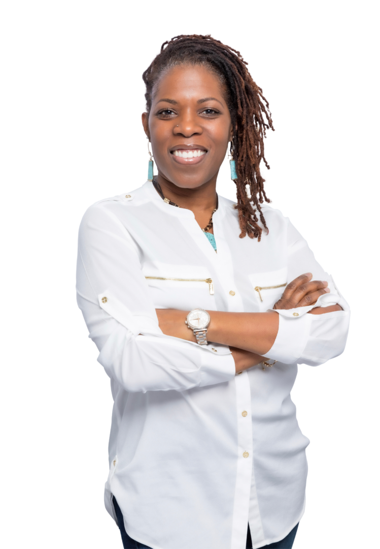 African American female therapist in Atlanta, Georgia, radiating warmth in a white top and dreds.