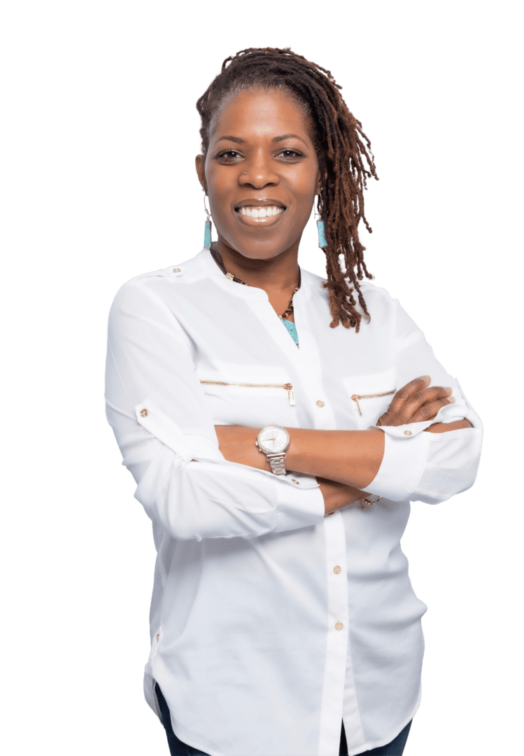 African American female therapist in Atlanta, Georgia, radiating warmth in a white top and dreds.